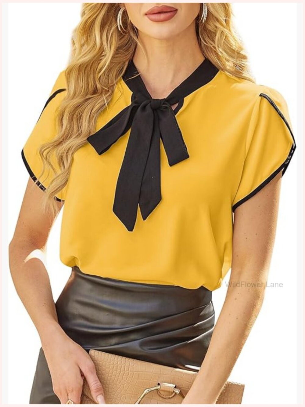 Short Sleeve Blouse Tie Neck Petal Tulip Sleeve Work Top